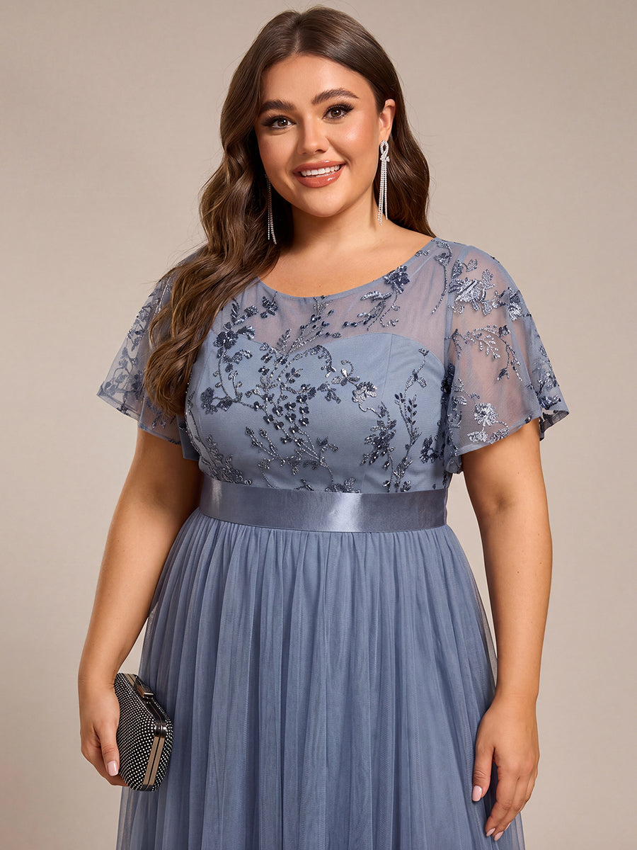 pretty MARA|Plus Size Round Neckline Embellished Tulle Midi Bridesmaid Dress