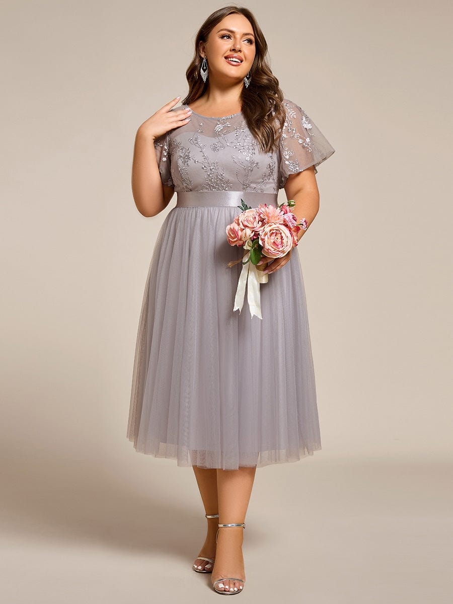 pretty MARA|Plus Size Round Neckline Embellished Tulle Midi Bridesmaid Dress