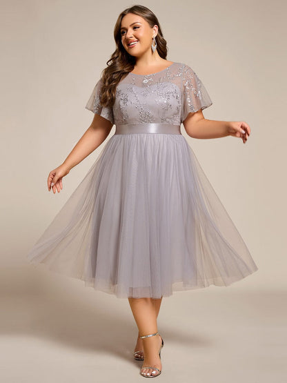 pretty MARA|Plus Size Round Neckline Embellished Tulle Midi Bridesmaid Dress