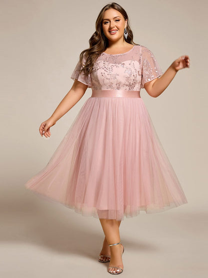 pretty MARA|Plus Size Round Neckline Embellished Tulle Midi Bridesmaid Dress