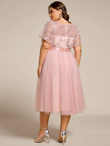 pretty MARA|Plus Size Round Neckline Embellished Tulle Midi Bridesmaid Dress
