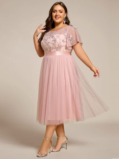 pretty MARA|Plus Size Round Neckline Embellished Tulle Midi Bridesmaid Dress