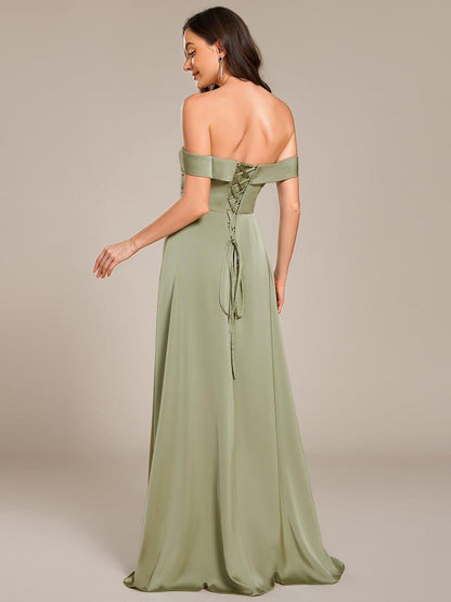 ever SKYE|Off Shoulder Lace-Up High Slit Satin Bridesmaid Dress