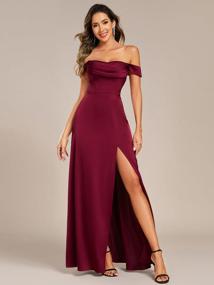 pretty OLIVE|Off Shoulder Short Sleeve Split Back-Tie Satin Bridesmaid Dress
