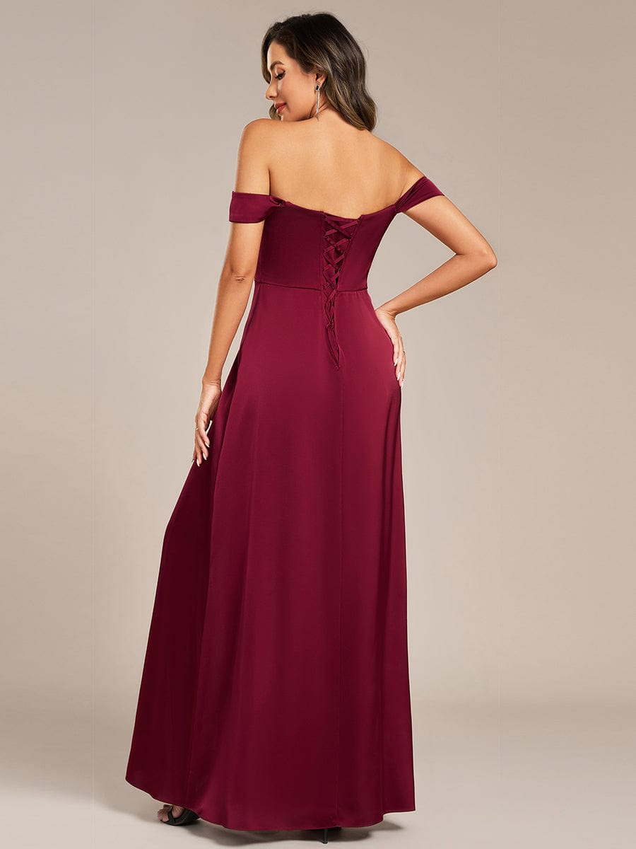 pretty OLIVE|Off Shoulder Short Sleeve Split Back-Tie Satin Bridesmaid Dress