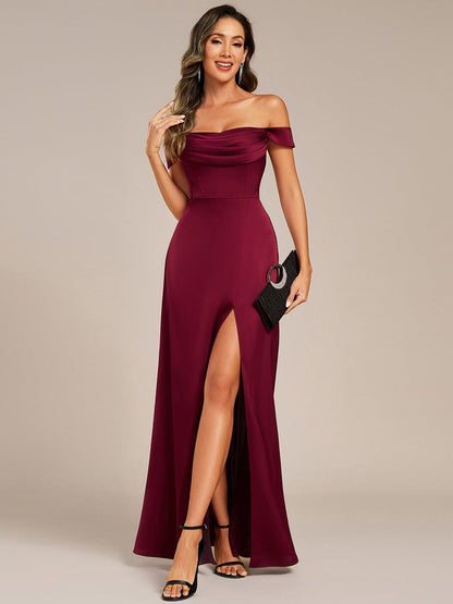 pretty OLIVE|Off Shoulder Short Sleeve Split Back-Tie Satin Bridesmaid Dress