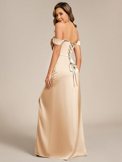 pretty OLIVE|Off Shoulder Short Sleeve Split Back-Tie Satin Bridesmaid Dress