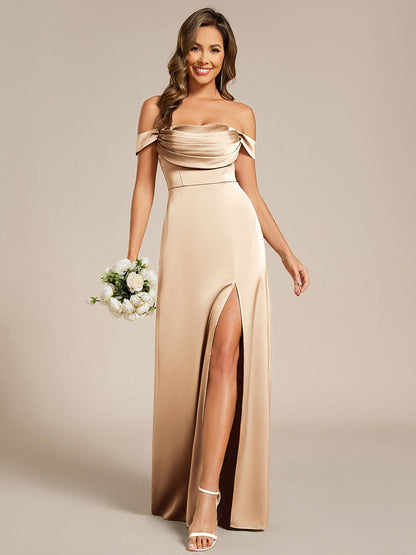 pretty OLIVE|Off Shoulder Short Sleeve Split Back-Tie Satin Bridesmaid Dress