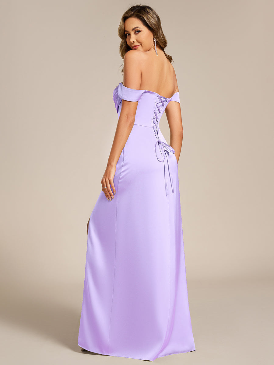 pretty OLIVE|Off Shoulder Short Sleeve Split Back-Tie Satin Bridesmaid Dress