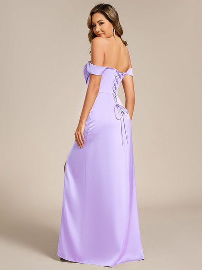 pretty OLIVE|Off Shoulder Short Sleeve Split Back-Tie Satin Bridesmaid Dress