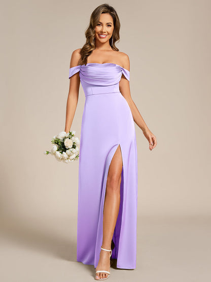pretty OLIVE|Off Shoulder Short Sleeve Split Back-Tie Satin Bridesmaid Dress