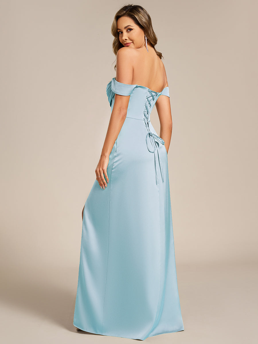 pretty OLIVE|Off Shoulder Short Sleeve Split Back-Tie Satin Bridesmaid Dress