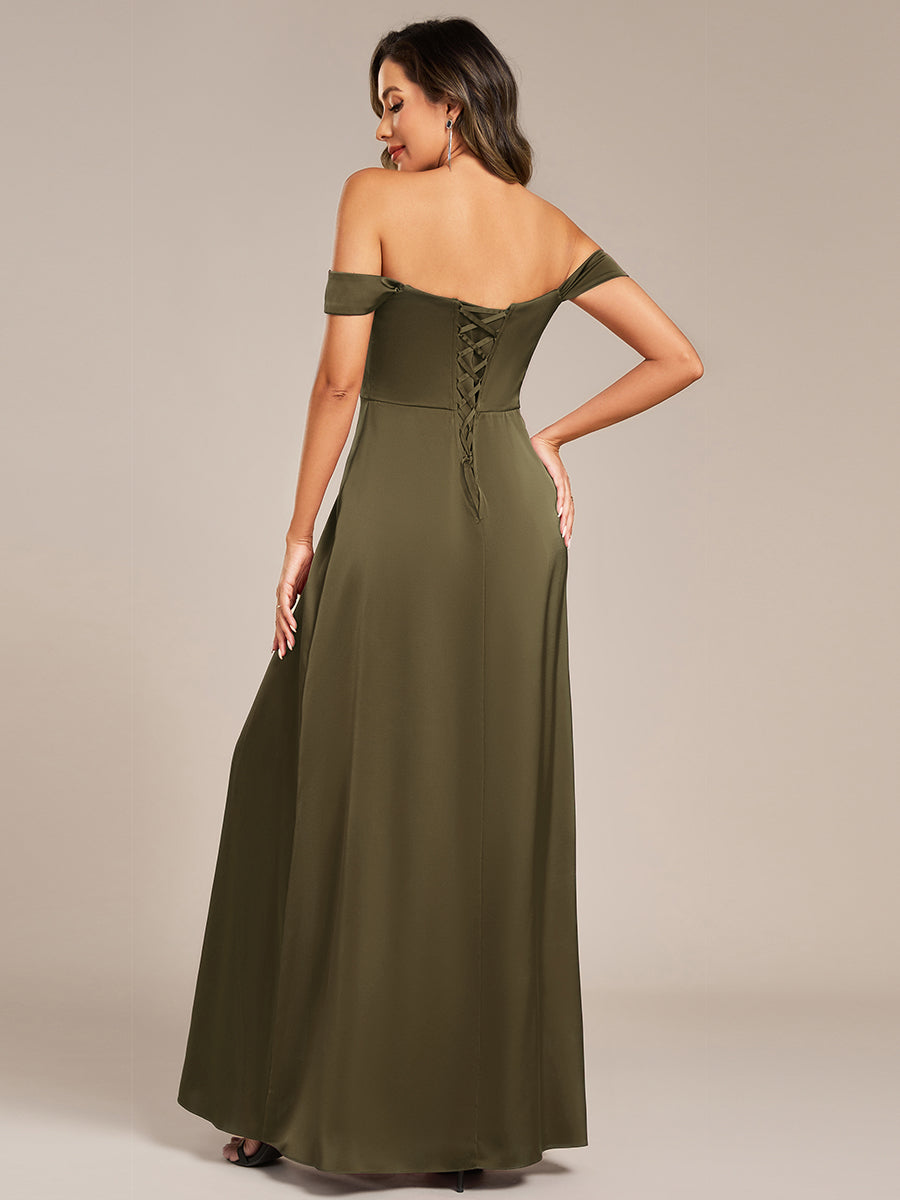 pretty OLIVE|Off Shoulder Short Sleeve Split Back-Tie Satin Bridesmaid Dress