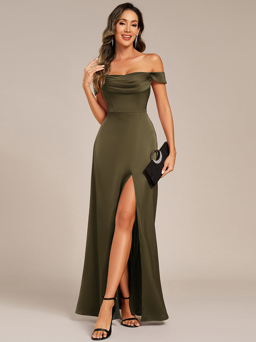 pretty OLIVE|Off Shoulder Short Sleeve Split Back-Tie Satin Bridesmaid Dress