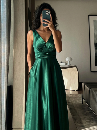 ever INDY|Double V-neck Satin Maxi Formal Dress with Pockets