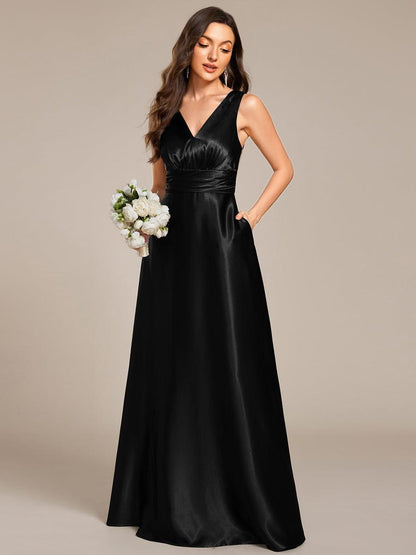 ever INDY|V-neck Empire Waist Satin Maxi Bridesmaid Dress with Pockets