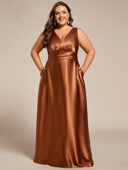 ever INDY|V-neck Empire Waist Satin Maxi Bridesmaid Dress with Pockets