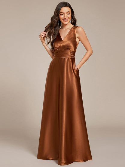 ever INDY|Double V-neck Satin Maxi Formal Dress with Pockets