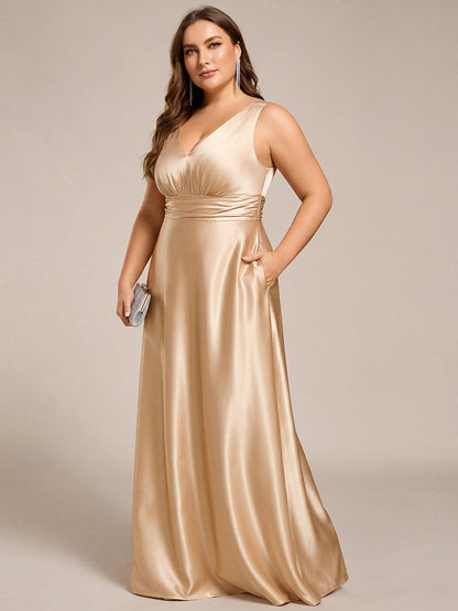 pretty INDY|Plus Size Satin Empire Waist Maxi Bridesmaid Dress with Pockets