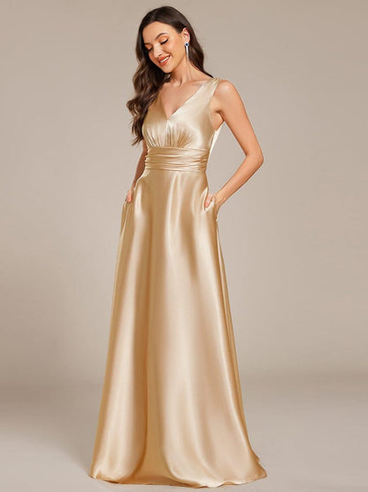 ever INDY|V-neck Empire Waist Satin Maxi Bridesmaid Dress with Pockets