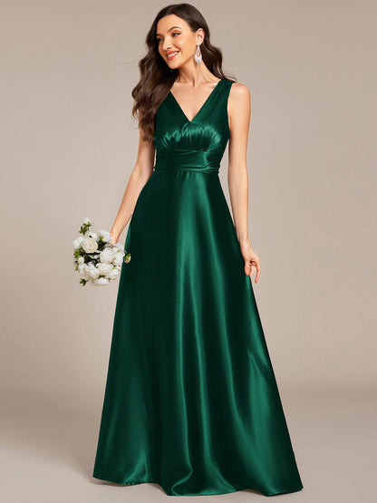 ever INDY|V-neck Empire Waist Satin Maxi Bridesmaid Dress with Pockets