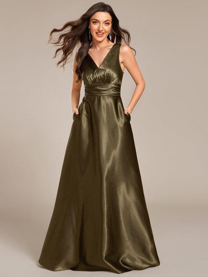 ever INDY|Double V-neck Satin Maxi Formal Dress with Pockets
