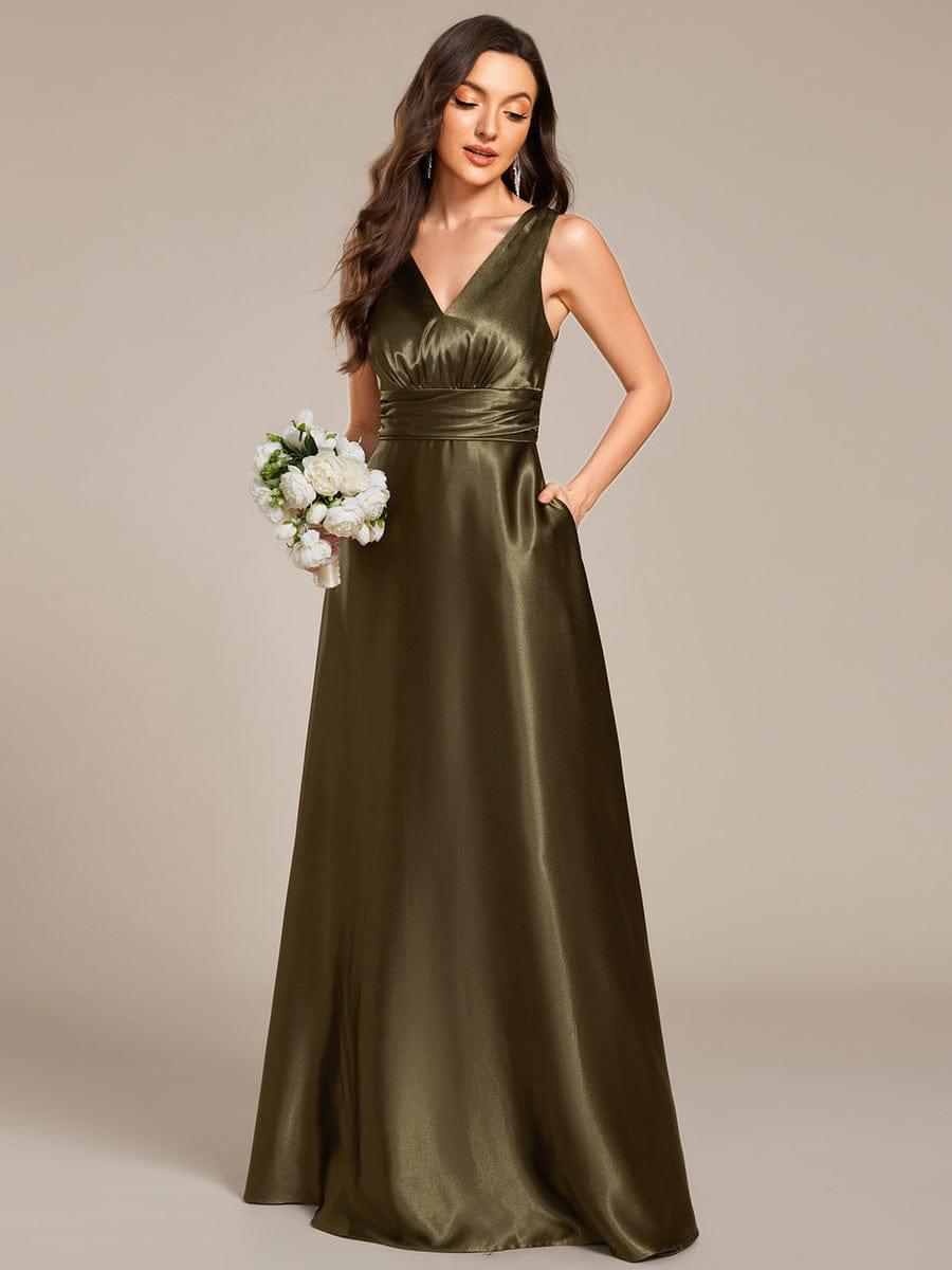 ever INDY|V-neck Empire Waist Satin Maxi Bridesmaid Dress with Pockets