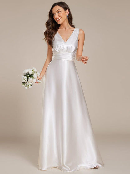 ever INDY|V-neck Empire Waist Satin Maxi Bridesmaid Dress with Pockets