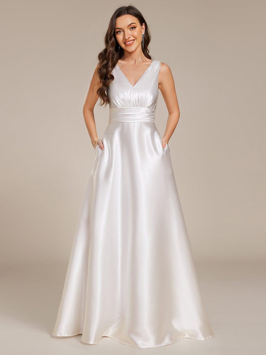 ever INDY|V-neck Empire Waist Satin Maxi Bridesmaid Dress with Pockets
