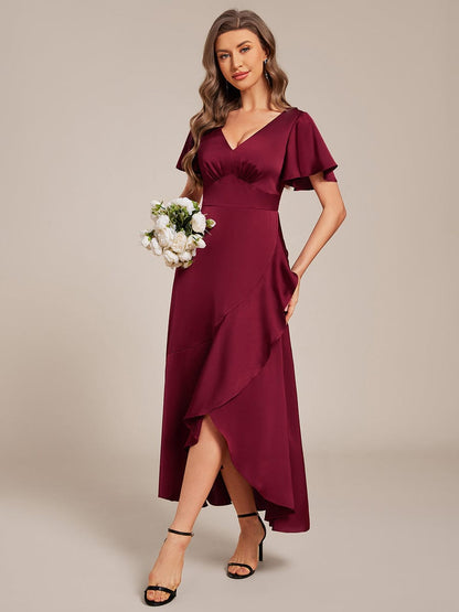 ever WYNTER|Short Sleeve Ruffled Satin Midi Wedding Guest Dress