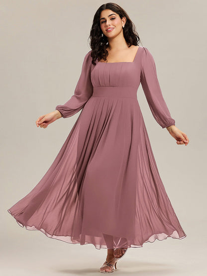 pretty LYDIA|Plus Size See-through Chiffon Lantern Sleeve Bridesmaid Dress