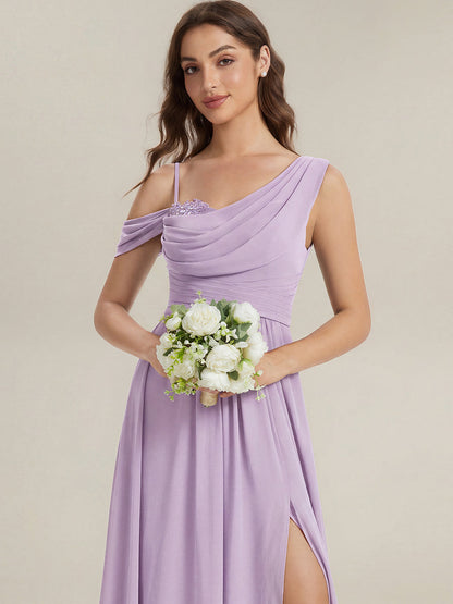 ever ERIKA|Thigh-High Slit Chiffon Dropped shoulders Bridesmaid Dress