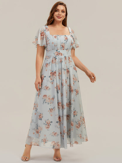 pretty AVIEL|Plus Size Square Neck Chiffon Ruffle Sleeve Bridesmaid Dress
