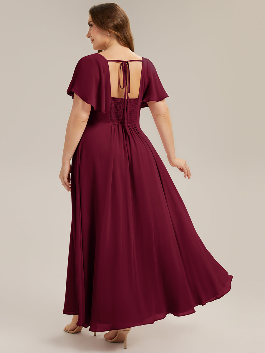pretty AVIEL|Plus Size Square Neck Chiffon Ruffle Sleeve Bridesmaid Dress