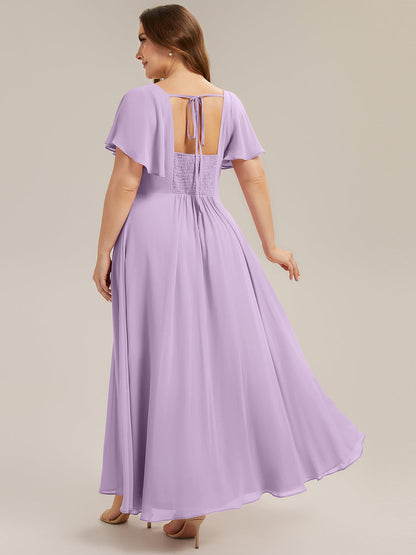 pretty AVIEL|Plus Size Square Neck Chiffon Ruffle Sleeve Bridesmaid Dress