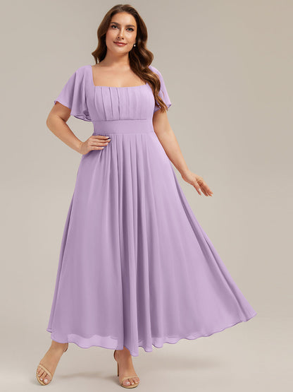 pretty AVIEL|Plus Size Square Neck Chiffon Ruffle Sleeve Bridesmaid Dress