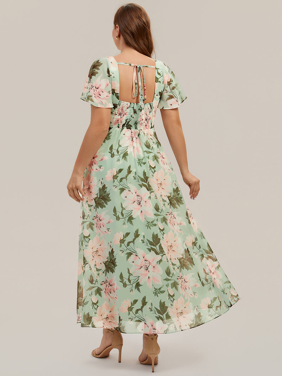 pretty AVIEL|Plus Size Square Neck Chiffon Ruffle Sleeve Bridesmaid Dress