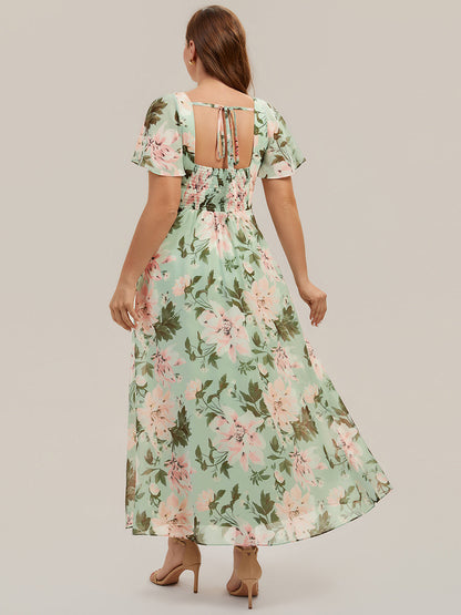 pretty AVIEL|Plus Size Square Neck Chiffon Ruffle Sleeve Bridesmaid Dress
