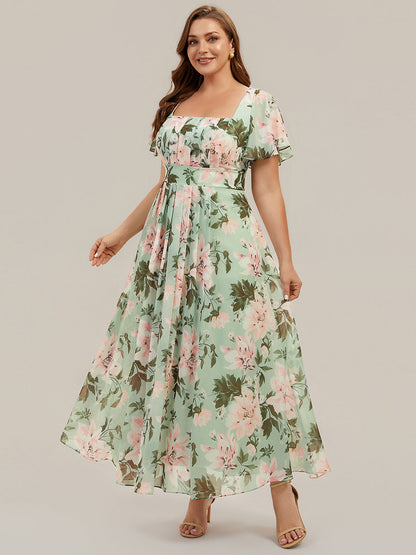 pretty AVIEL|Plus Size Square Neck Chiffon Ruffle Sleeve Bridesmaid Dress