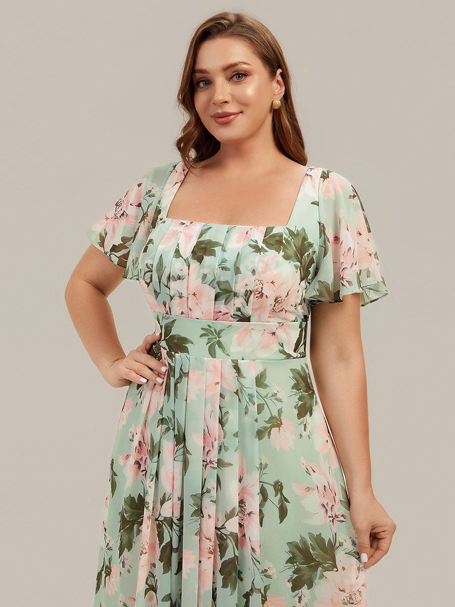 pretty AVIEL|Plus Size Square Neck Chiffon Ruffle Sleeve Bridesmaid Dress