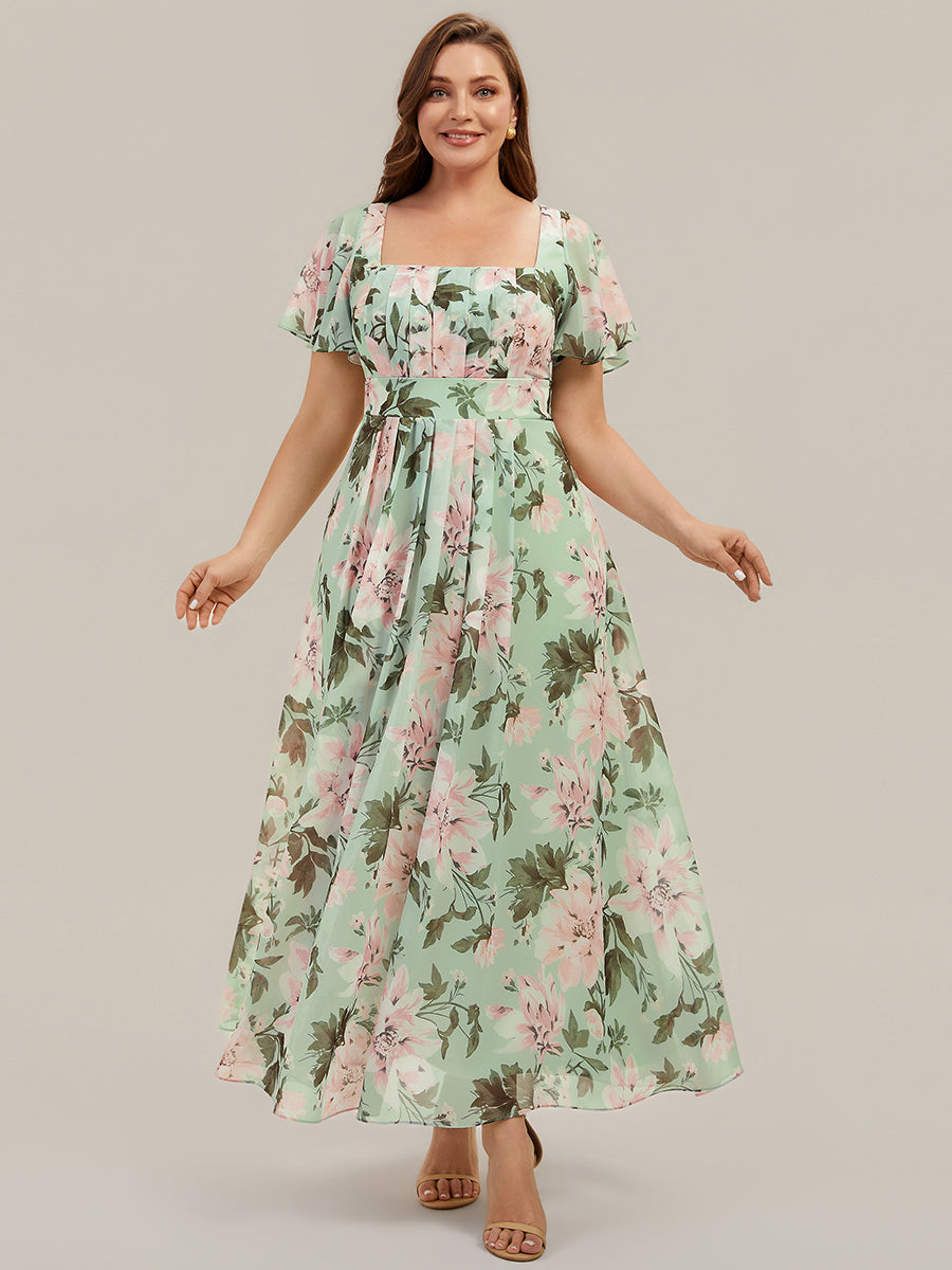pretty AVIEL|Plus Size Square Neck Chiffon Ruffle Sleeve Bridesmaid Dress