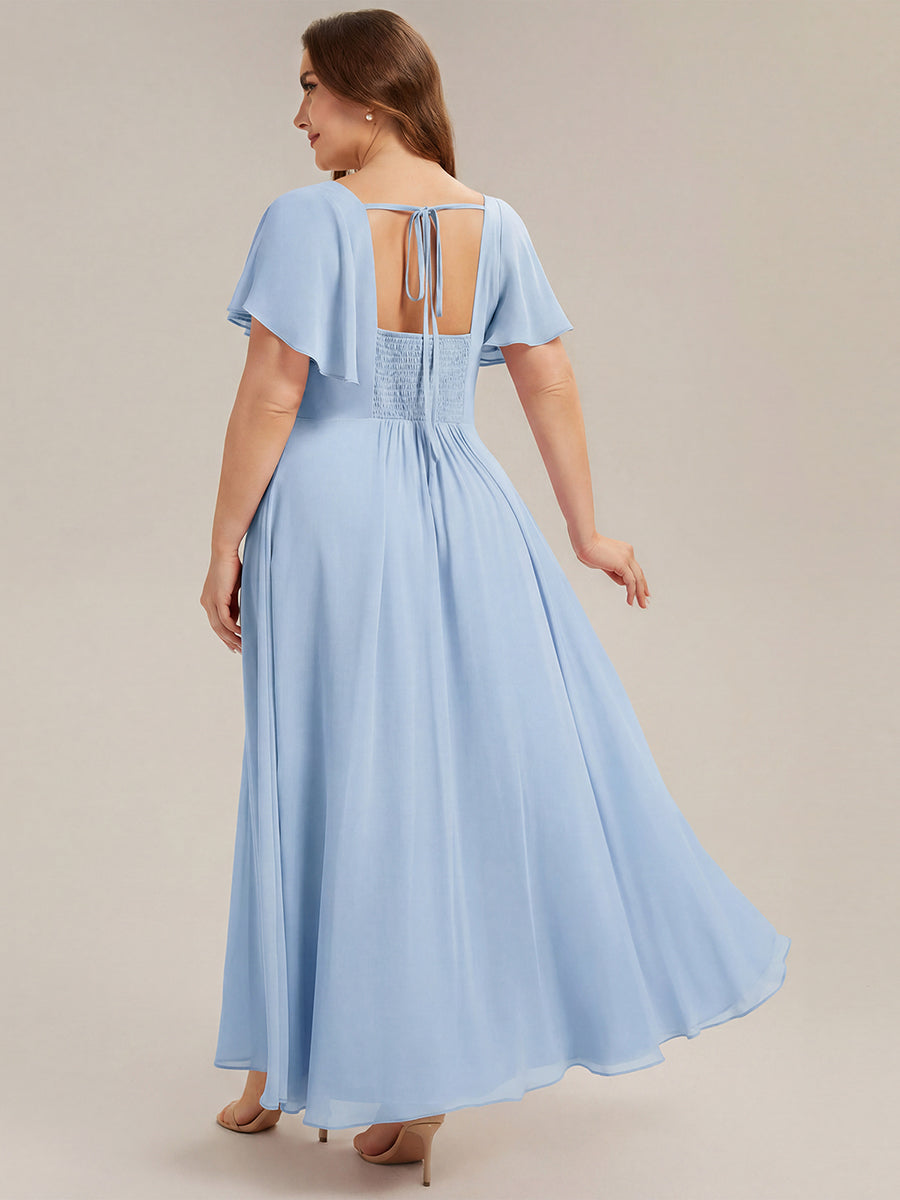 pretty AVIEL|Plus Size Square Neck Chiffon Ruffle Sleeve Bridesmaid Dress