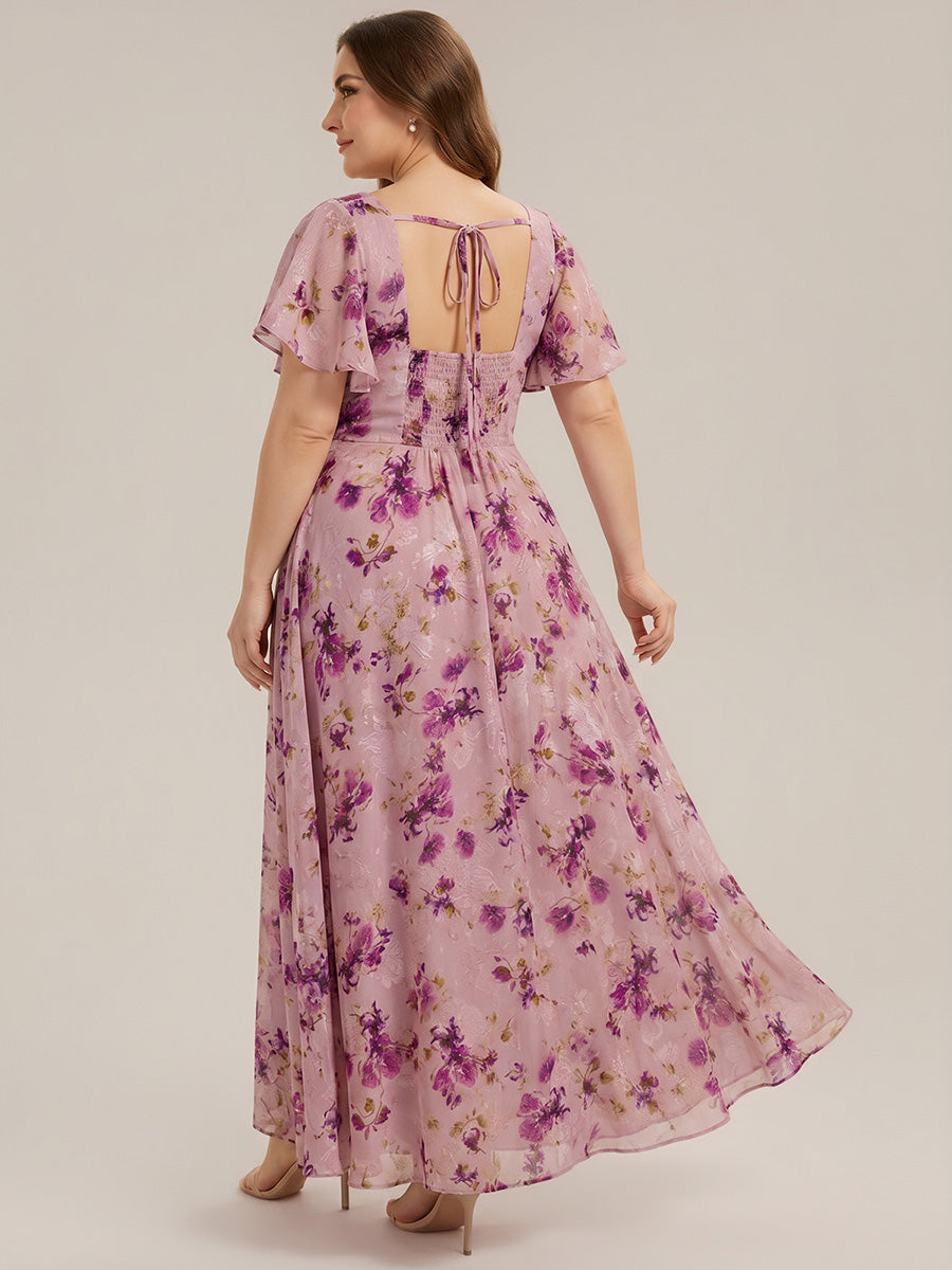 pretty AVIEL|Plus Size Square Neck Chiffon Ruffle Sleeve Bridesmaid Dress