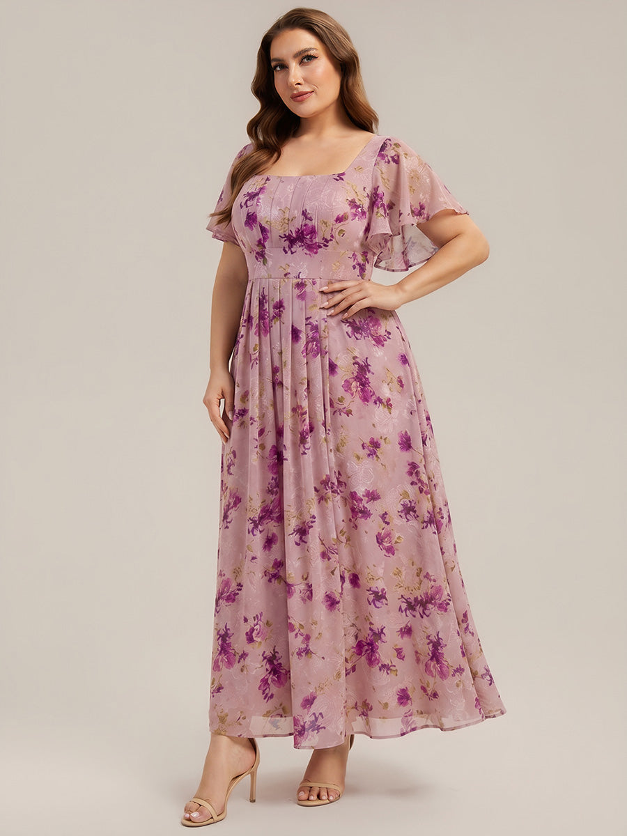 pretty AVIEL|Plus Size Square Neck Chiffon Ruffle Sleeve Bridesmaid Dress