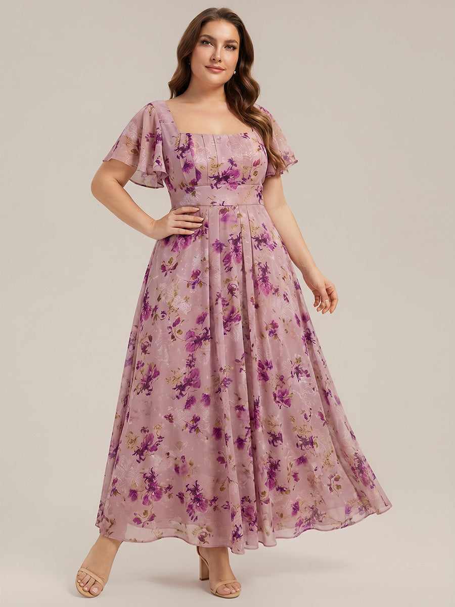pretty AVIEL|Plus Size Square Neck Chiffon Ruffle Sleeve Bridesmaid Dress