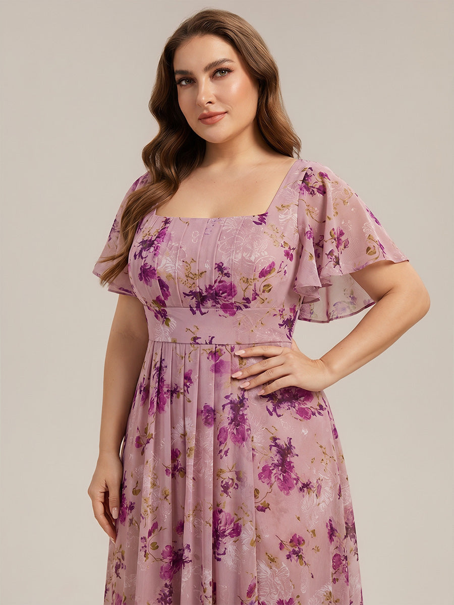 pretty AVIEL|Plus Size Square Neck Chiffon Ruffle Sleeve Bridesmaid Dress
