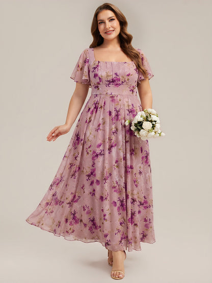 pretty AVIEL|Plus Size Square Neck Chiffon Ruffle Sleeve Bridesmaid Dress
