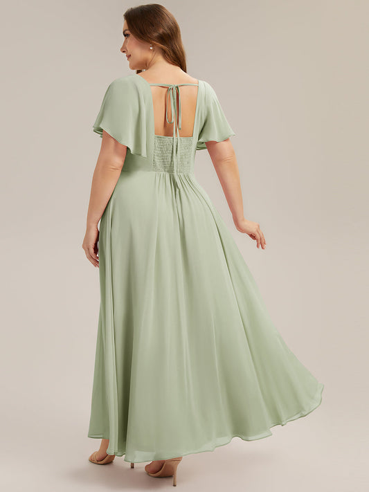 pretty AVIEL|Plus Size Square Neck Chiffon Ruffle Sleeve Bridesmaid Dress