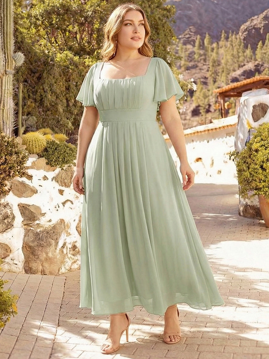 pretty AVIEL|Plus Size Square Neck Chiffon Ruffle Sleeve Bridesmaid Dress