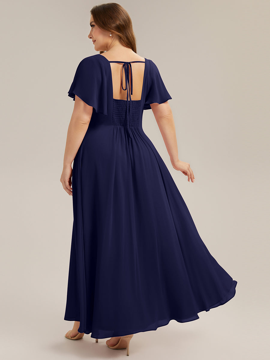 pretty AVIEL|Plus Size Square Neck Chiffon Ruffle Sleeve Bridesmaid Dress
